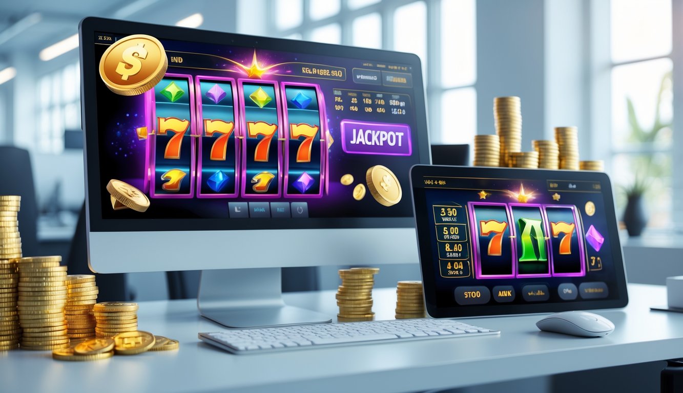 Layar komputer dan ponsel menampilkan permainan slot online dengan grafik warna-warni dan simbol kemenangan besar di atas meja kerja yang rapi.