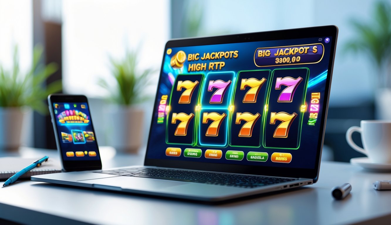 Laptop menampilkan permainan slot online dengan grafik warna-warni di atas meja kerja yang rapi.