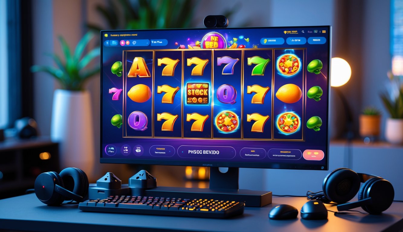 Sebuah meja dengan komputer yang menampilkan permainan slot online berwarna-warni di layar, dengan aksesori gaming di sekitarnya dalam ruangan yang nyaman.