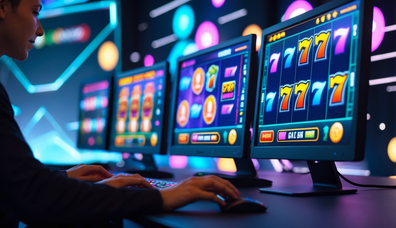 Suasana ruang permainan modern dengan komputer menampilkan permainan slot online dan tangan orang yang sedang bermain.