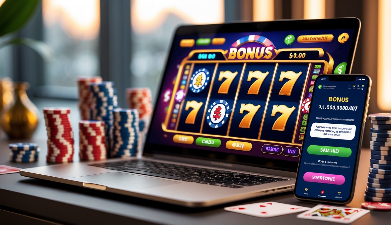 Seorang pria menggunakan laptop dengan permainan slot online di layar, di meja terdapat chip poker dan kartu remi, suasana nyaman dan terang.