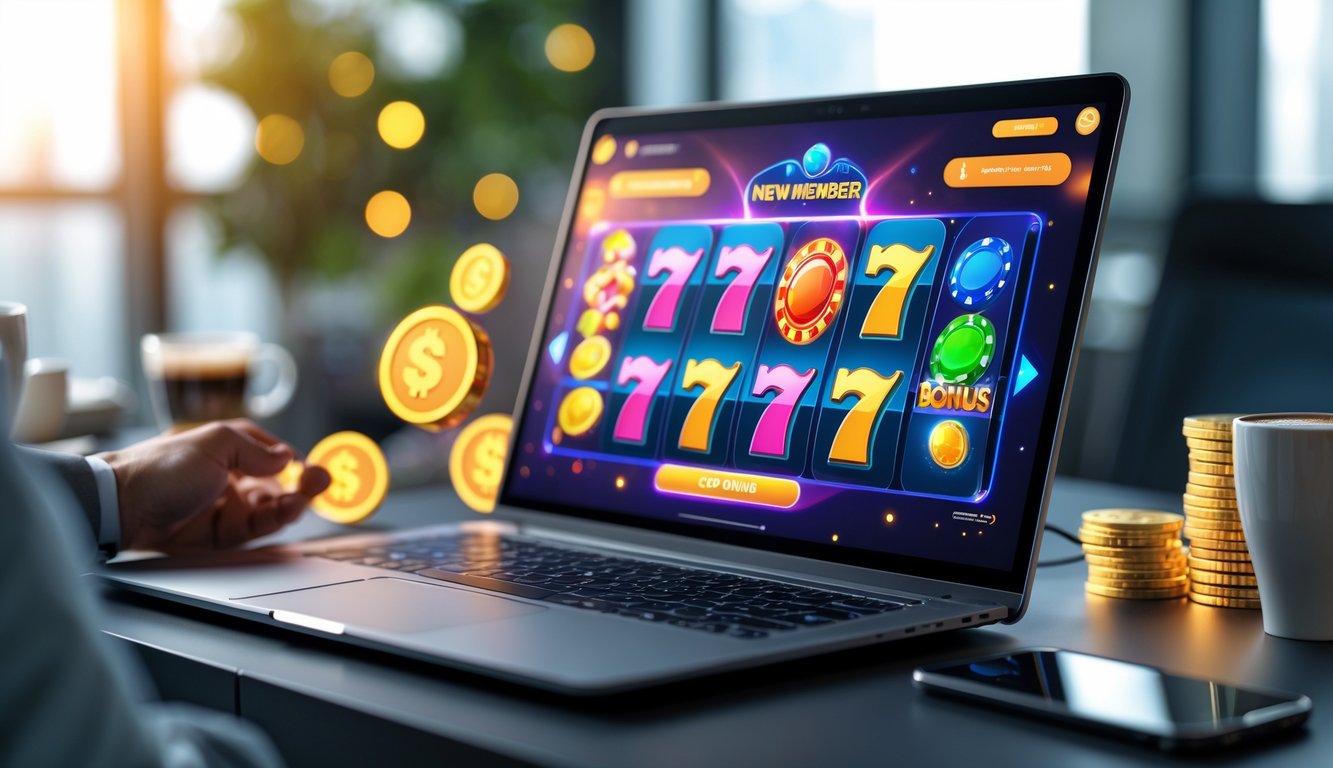 Seorang pengguna sedang bermain permainan slot online di laptop dengan tampilan permainan yang berwarna-warni dan simbol slot yang menarik.