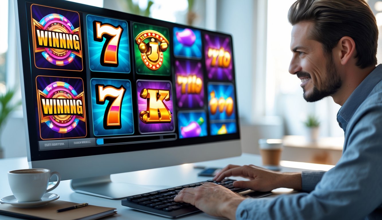 Seseorang menggunakan komputer dengan layar menampilkan permainan mesin slot online yang berwarna-warni di ruang kerja yang terang dan rapi.
