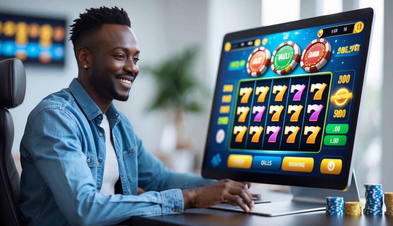 Seorang orang dewasa menggunakan perangkat digital untuk bermain mesin slot online di lingkungan rumah atau kantor yang bersih dan terang.