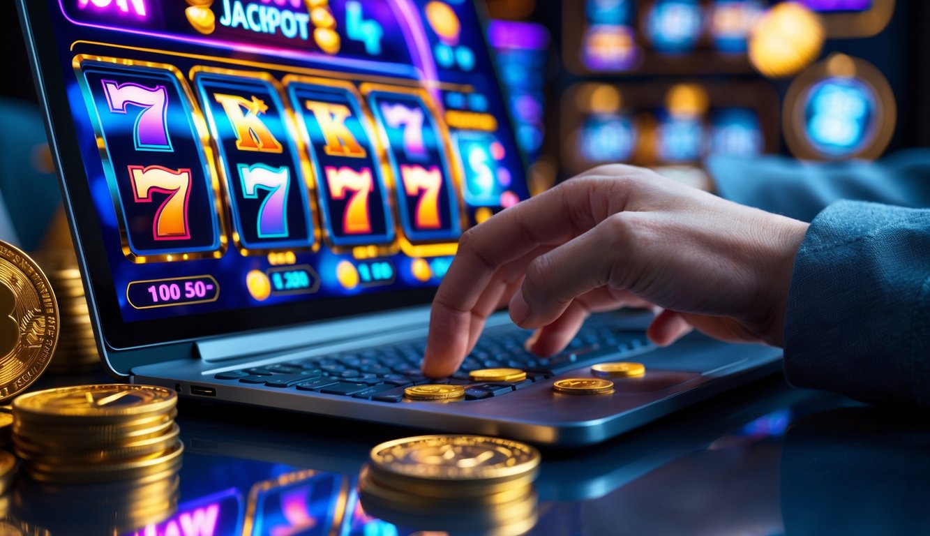 Seseorang menggunakan ponsel untuk bermain mesin slot online dengan latar belakang koin emas dan simbol jackpot.