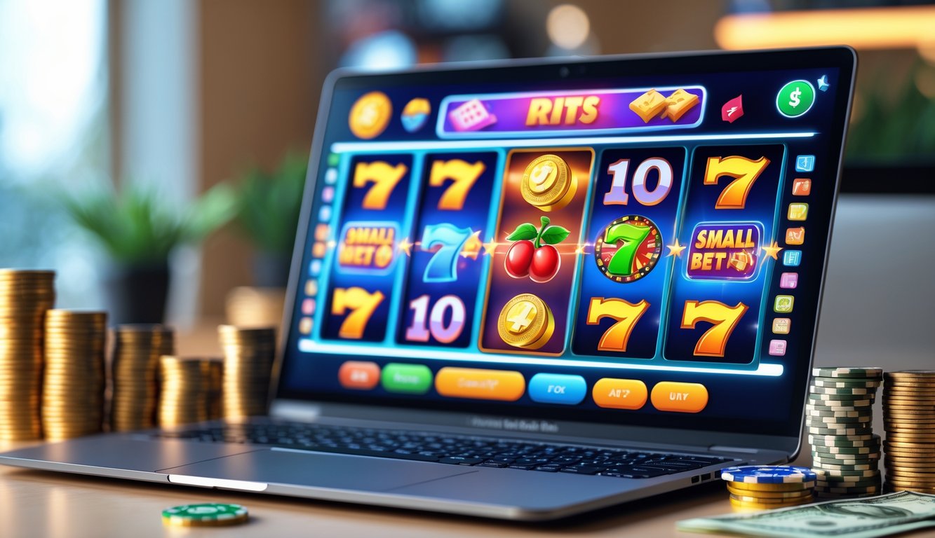 Seorang pengguna sedang bermain mesin slot online di komputer dengan koin dan chip poker di meja.