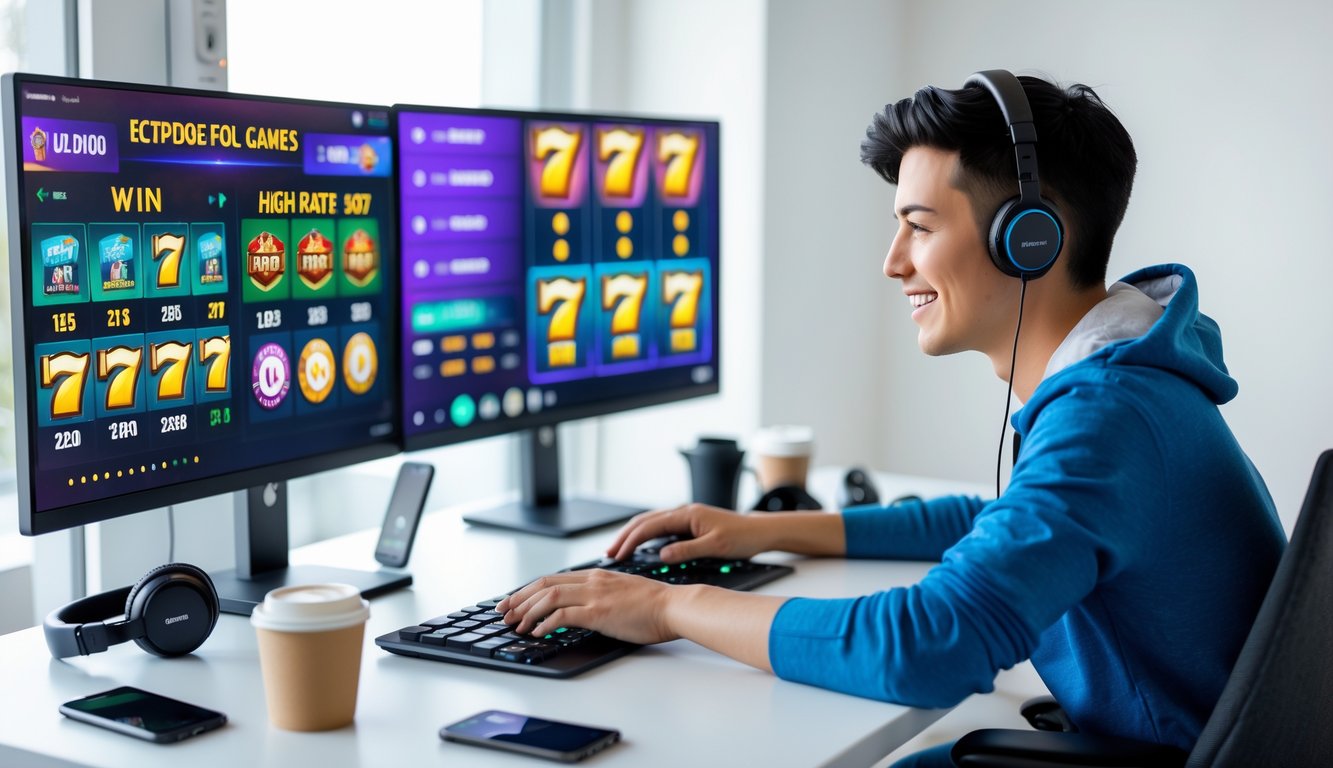 Seorang dewasa muda sedang bermain game slot online di komputer di ruang kerja rumah yang rapi dan terang.