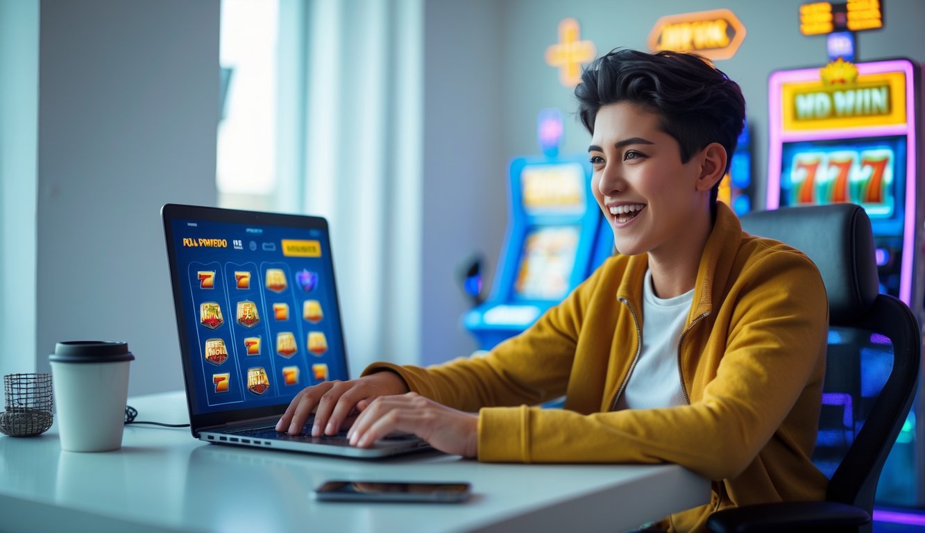Seorang dewasa muda dengan ekspresi antusias bermain game slot online di laptop di ruang yang terang dan nyaman.