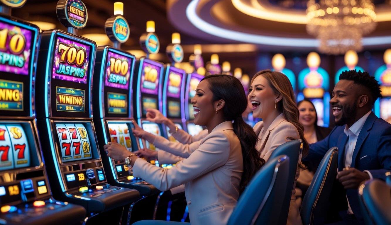 Suasana kasino modern dengan mesin slot berwarna-warni dan pemain yang tersenyum menikmati kemenangan jackpot dan putaran gratis.