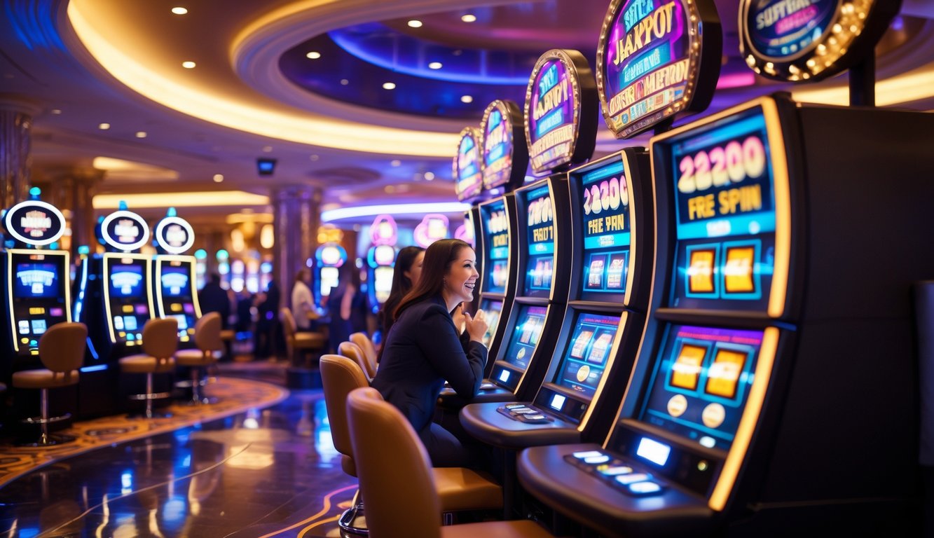 Suasana kasino dengan mesin slot modern yang menyala dan orang-orang terlihat antusias bermain slot.