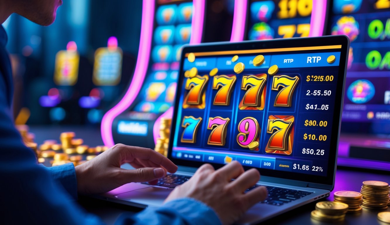 Seseorang menggunakan komputer dengan tampilan permainan slot online yang menampilkan gulungan berwarna-warni dan grafik statistik pembayaran tinggi.