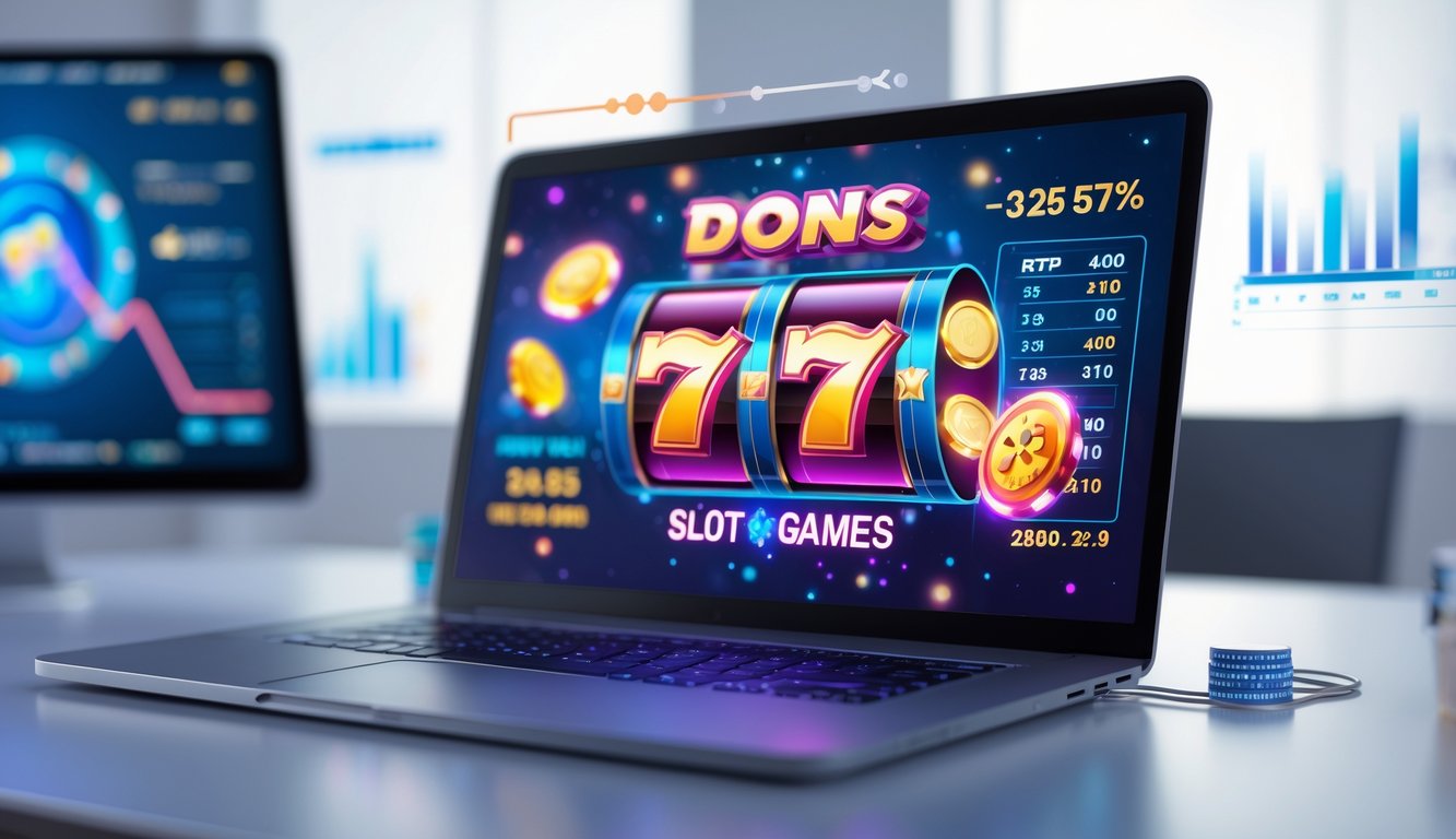 Sebuah komputer menampilkan permainan slot online dengan simbol berwarna cerah dan grafik data di sekitarnya di ruang kerja modern.