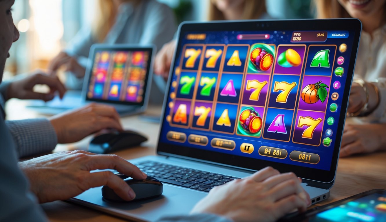 Orang-orang sedang bermain permainan slot online di komputer dan ponsel dengan latar belakang ruangan yang nyaman.