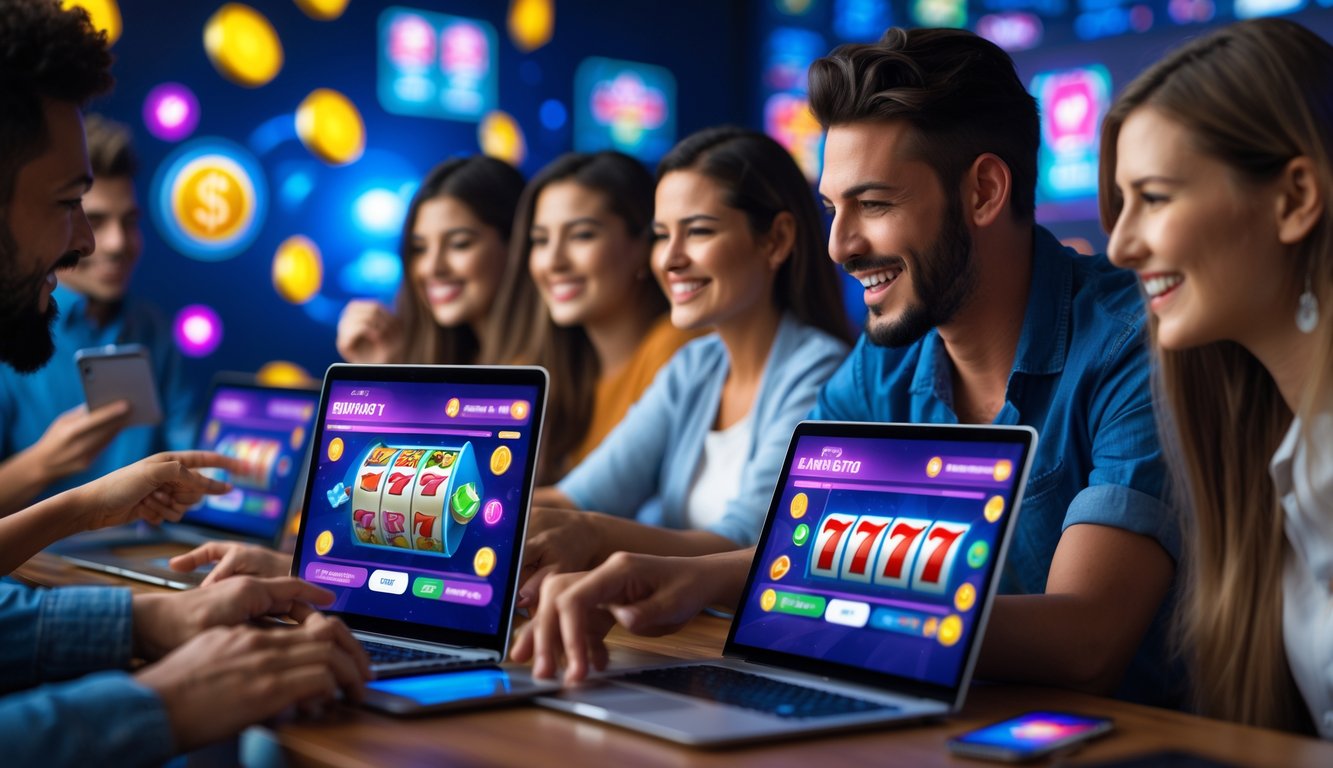 Sekelompok orang bermain permainan slot online dengan perangkat digital di ruangan yang terang dan modern.