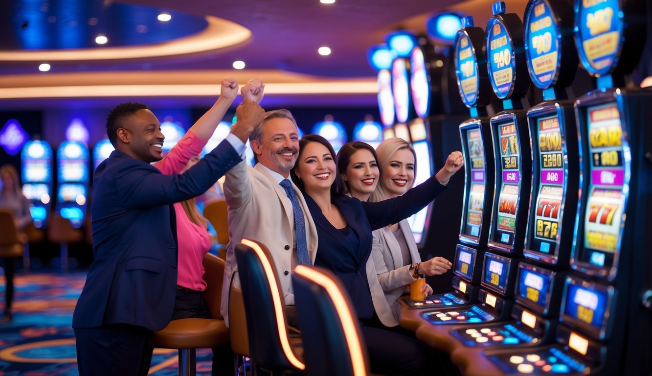 Sejumlah orang dewasa sedang bermain mesin slot di kasino dengan suasana ceria dan penuh semangat.