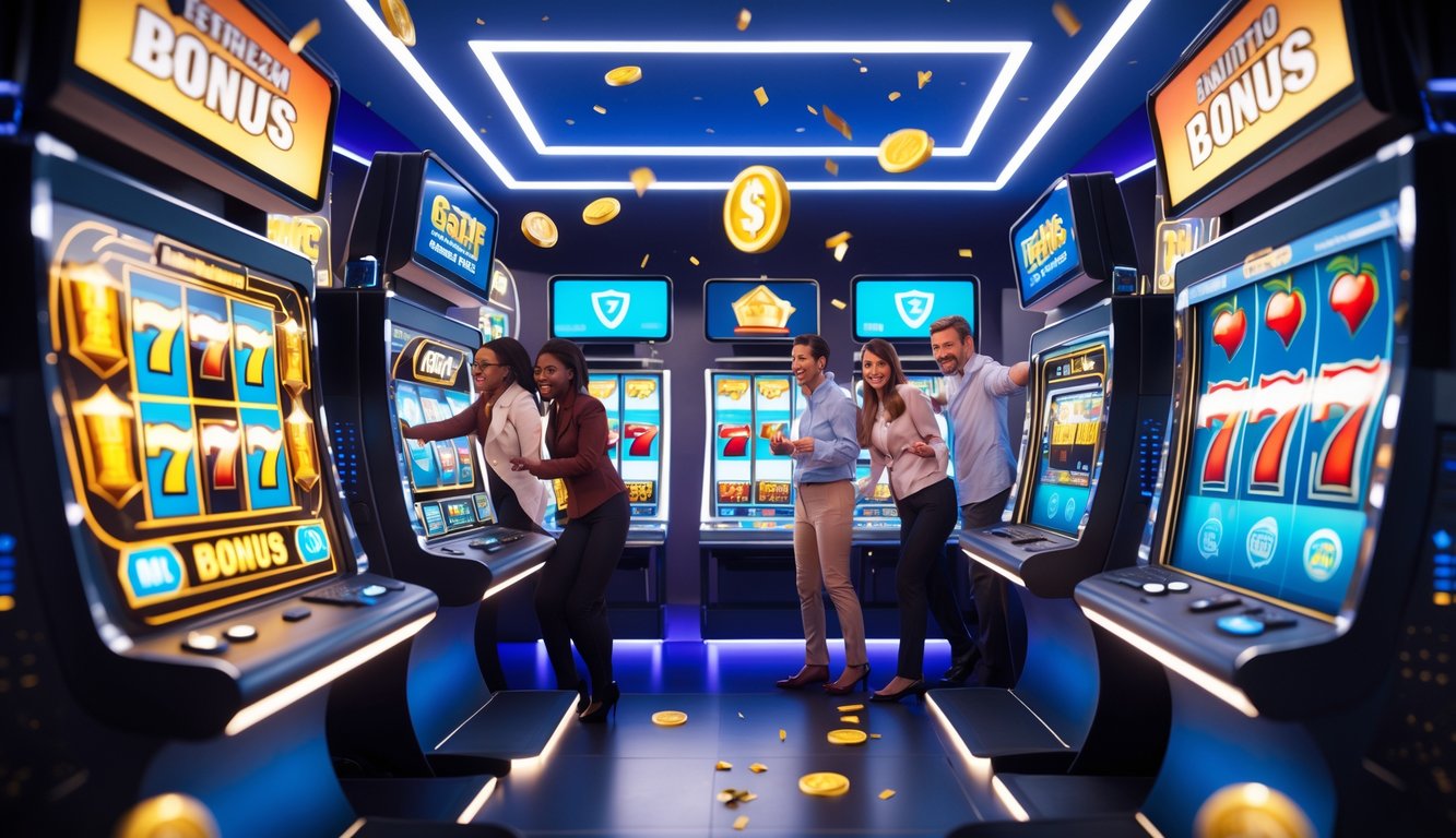 Orang-orang bermain mesin slot digital di lingkungan permainan online yang cerah dan penuh warna dengan simbol kemenangan dan suasana meriah.