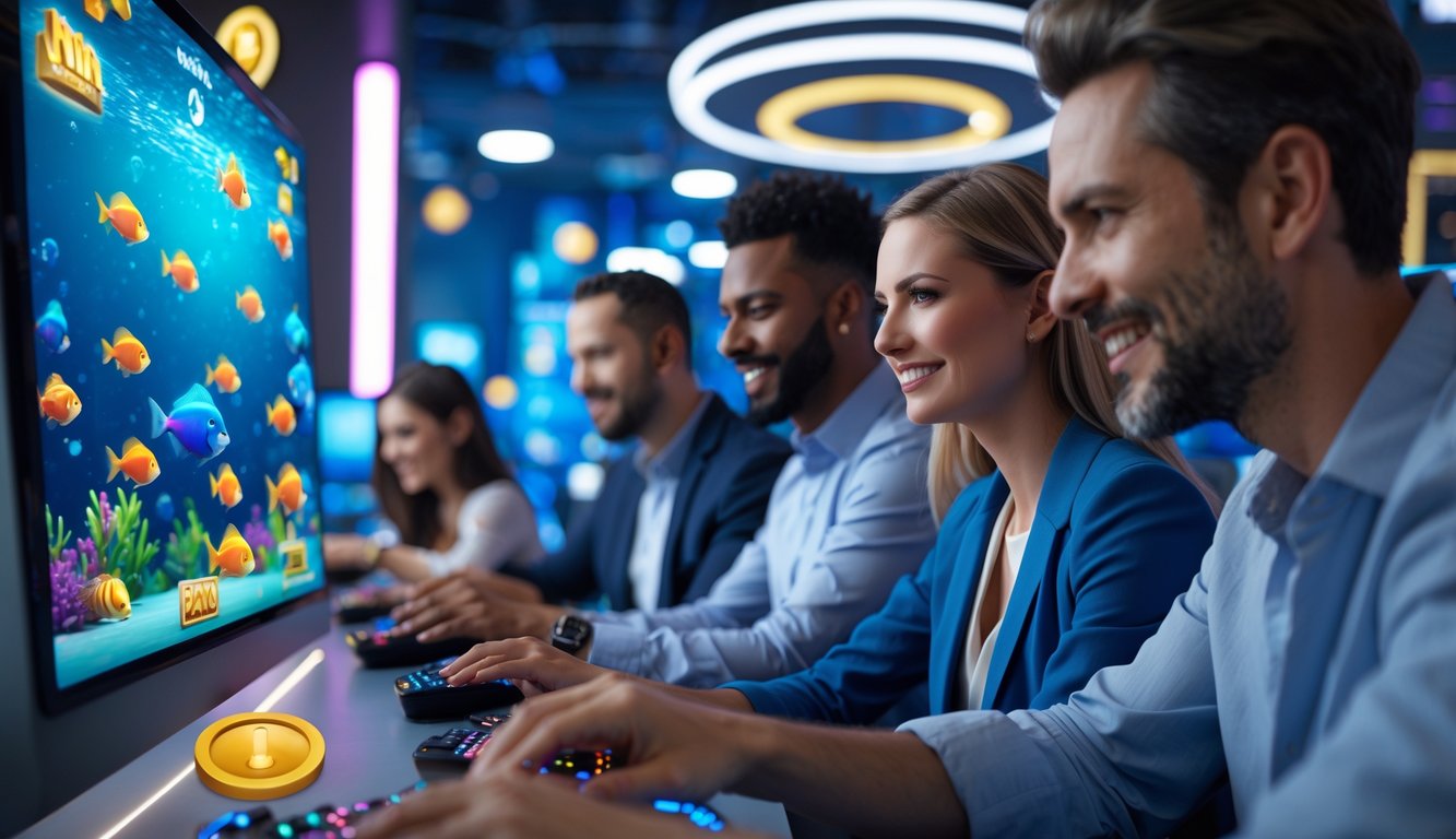 Orang-orang bermain permainan tembak ikan di layar komputer dengan latar belakang bertema bawah laut dan simbol bonus besar.