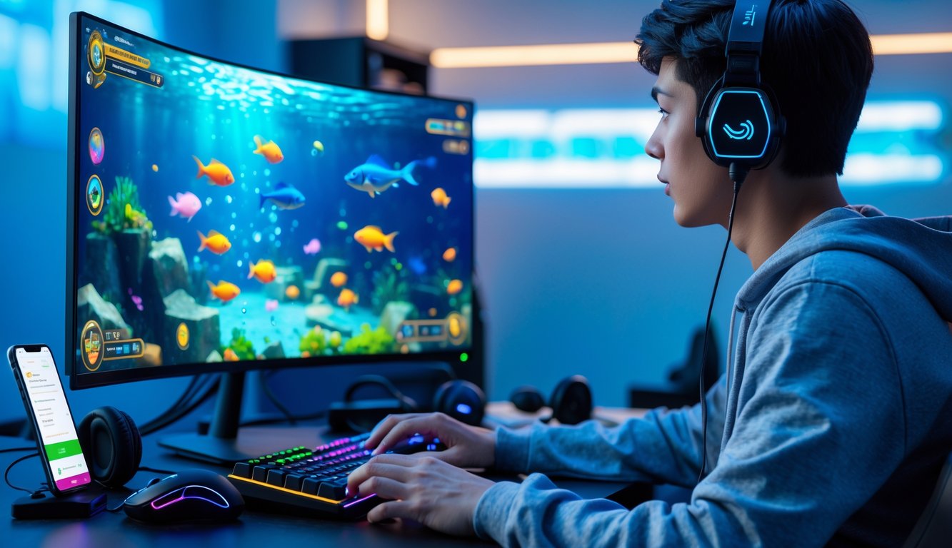 Seorang pria muda sedang bermain permainan tembak ikan di komputer dengan layar besar, dikelilingi perlengkapan gaming di ruangan yang terang.