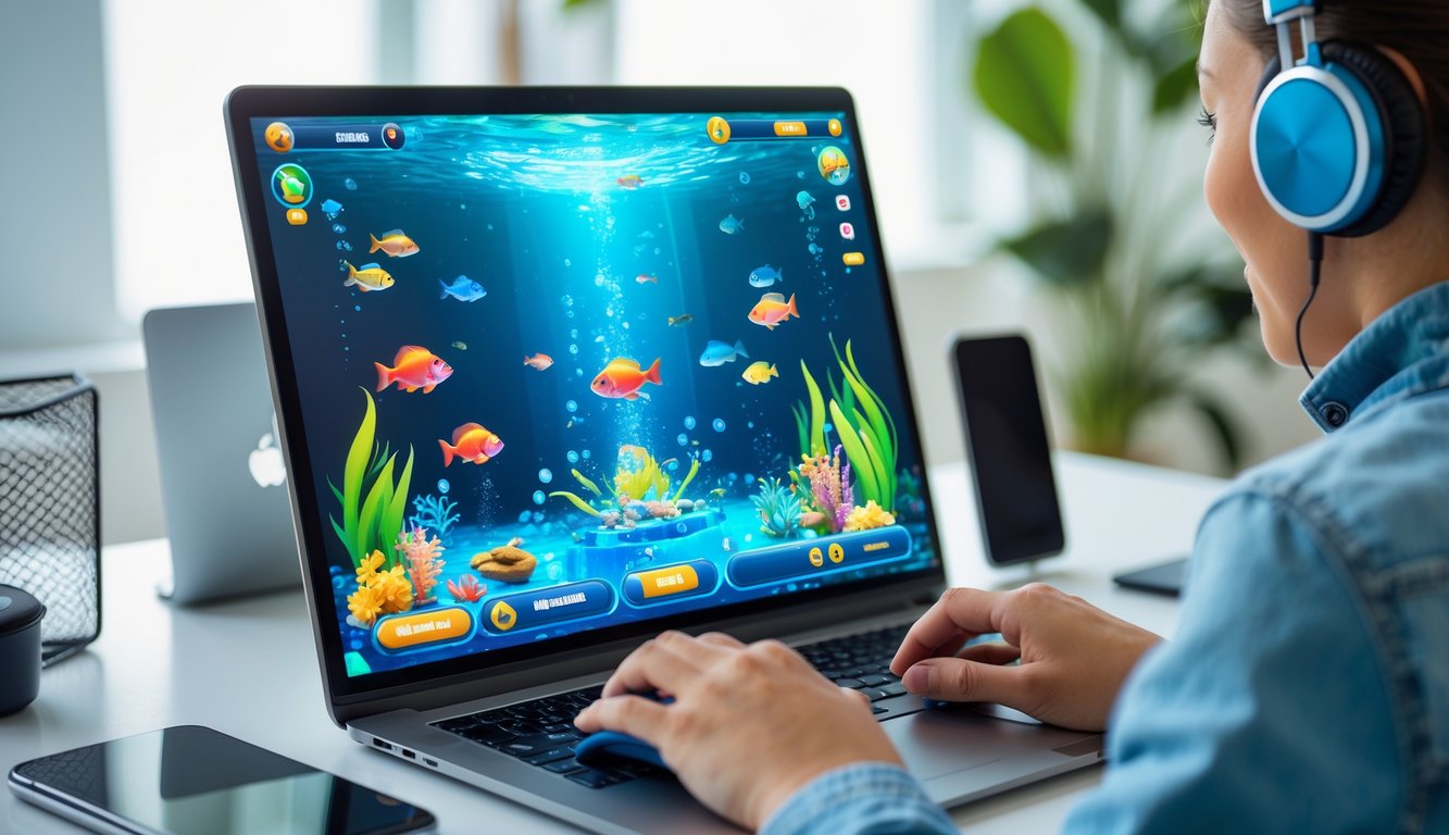 Seseorang bermain game tembak ikan online di komputer dengan layar menampilkan ikan berwarna-warni di bawah laut.