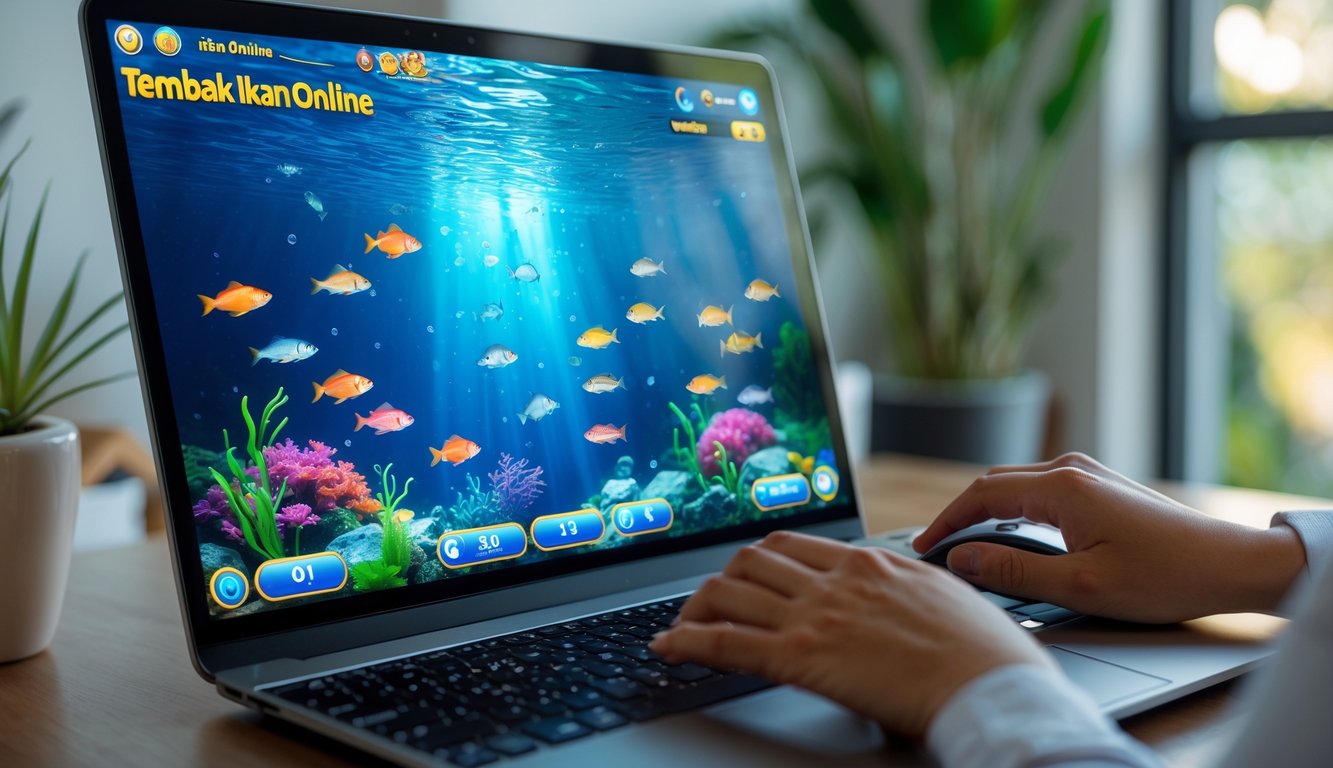 Seorang pemain sedang bermain game tembak ikan online di komputer dengan gambar ikan berwarna-warni di layar.