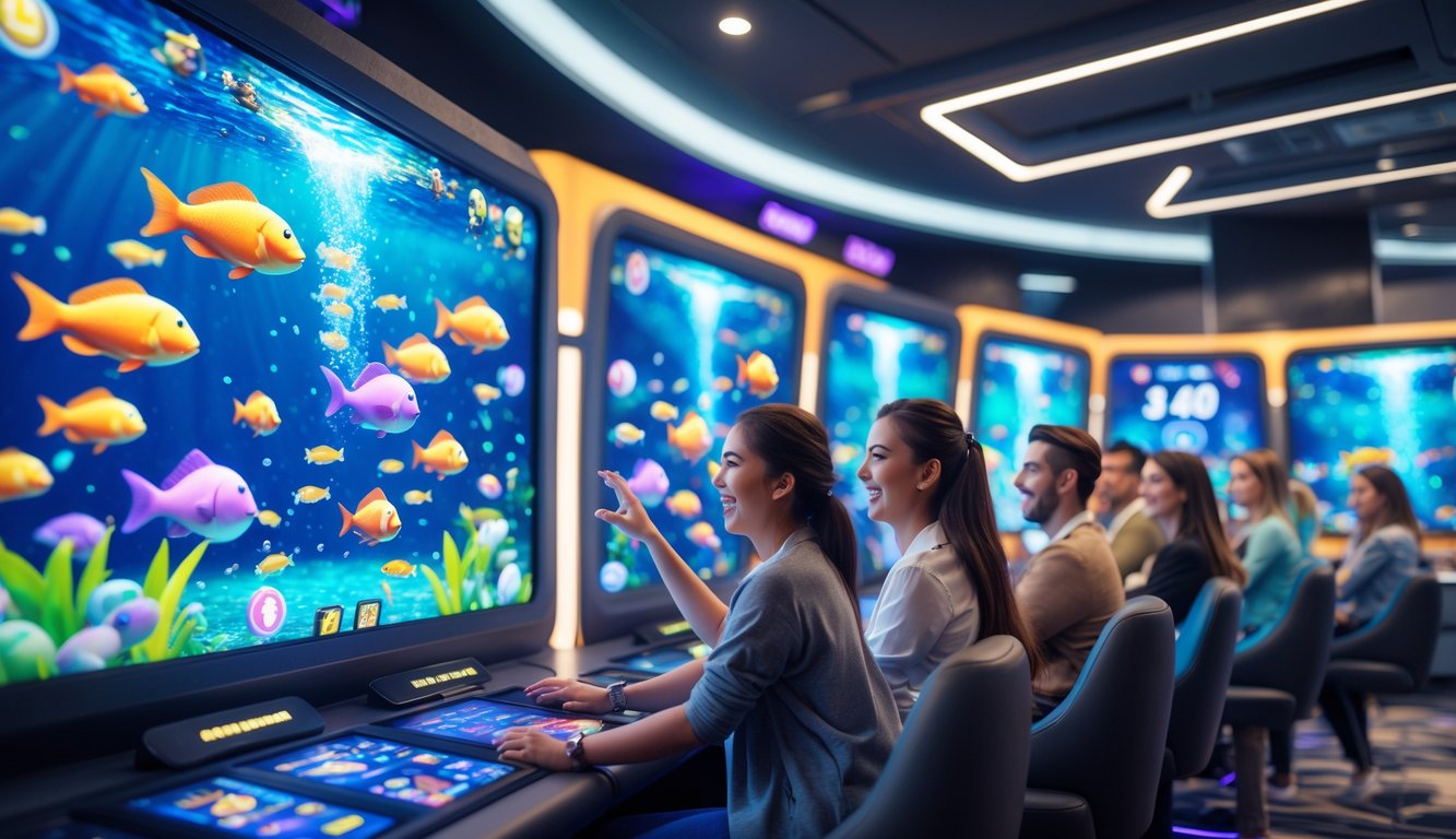 Sekelompok orang muda sedang bermain game menembak ikan di layar besar dalam ruangan yang nyaman dan terang.