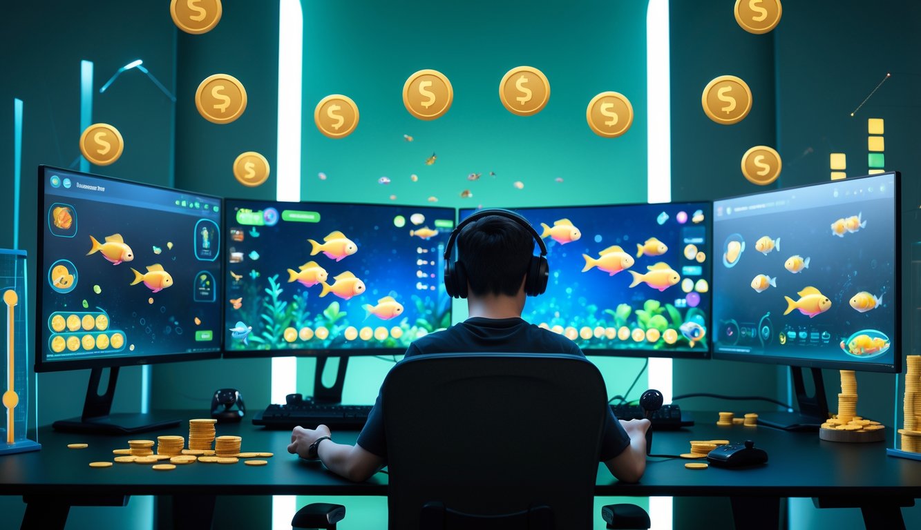 Seorang pemain sedang menggunakan komputer dengan layar menampilkan permainan tembak ikan penuh warna dan simbol bonus, di meja dengan pencahayaan biru hijau dan koin bersinar di sekitar.