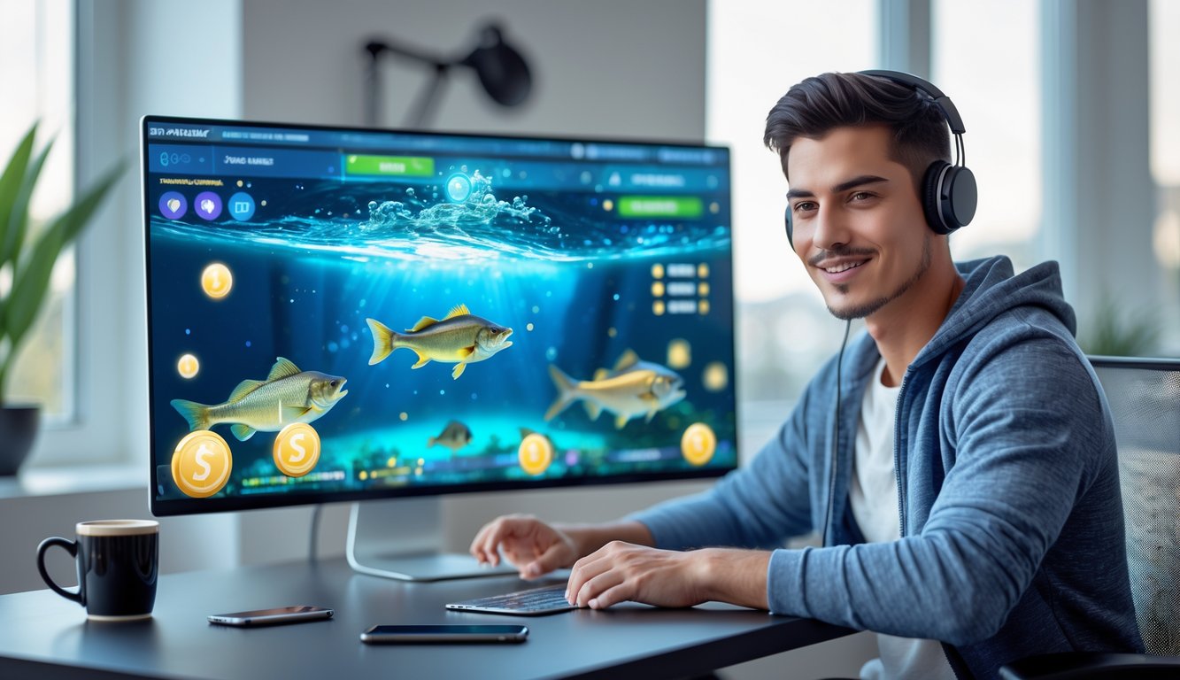 Seorang pria muda duduk di depan komputer dengan layar menampilkan permainan tembak ikan online, tampak fokus dan puas.