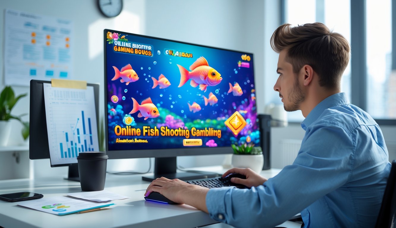 Seorang pria muda fokus bermain permainan judi tembak ikan online di depan komputer di sebuah ruangan yang terang dan rapi.