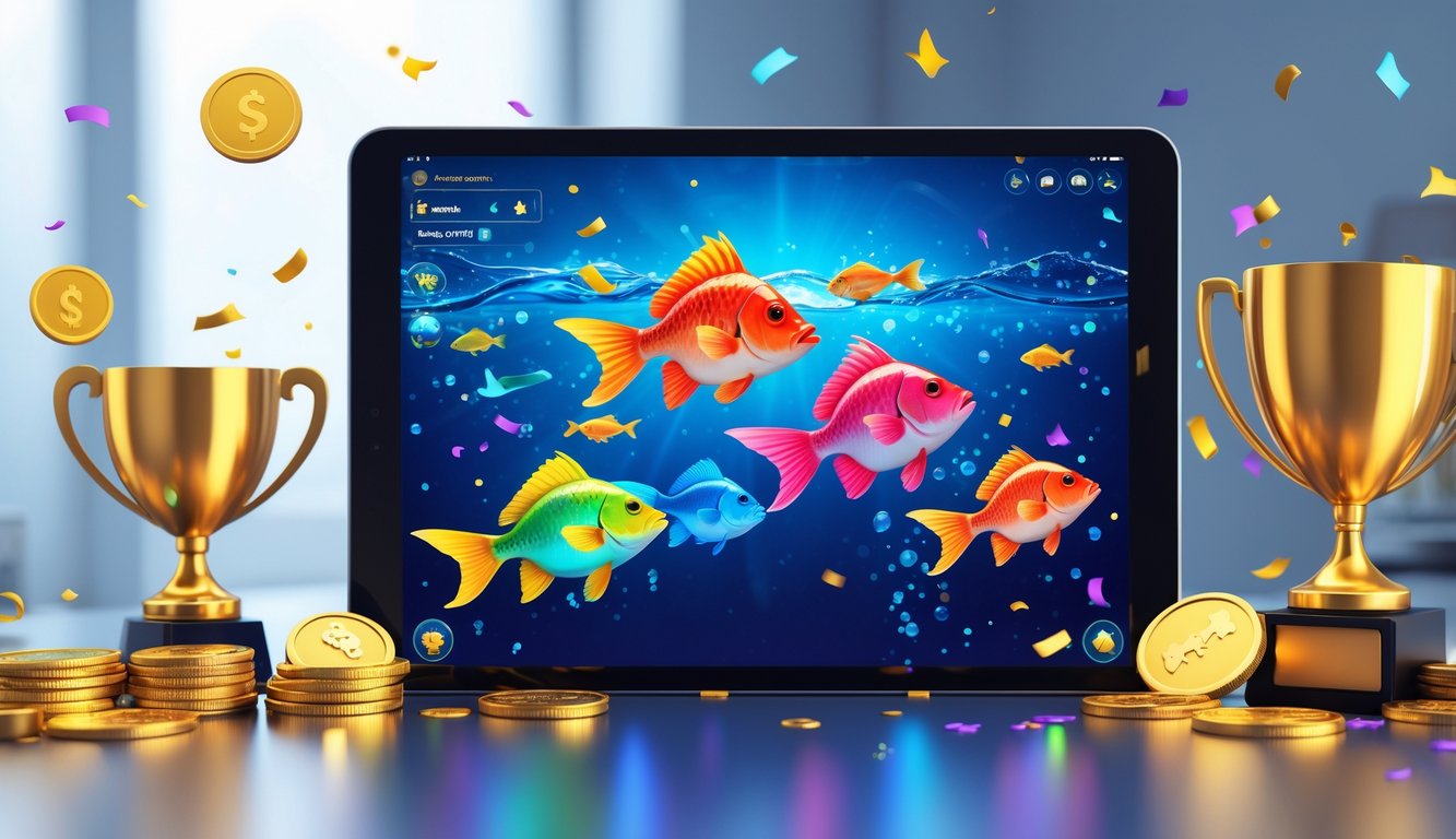 Layar perangkat digital menampilkan permainan memancing ikan dengan grafis warna-warni dan elemen koin serta trofi di sekitarnya.