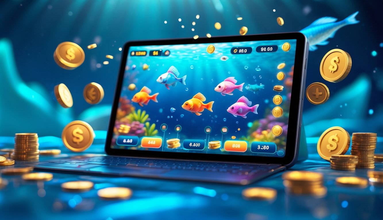 Sebuah layar perangkat digital menampilkan permainan tembak ikan dengan ikan berwarna-warni dan simbol jackpot di latar bawah laut.