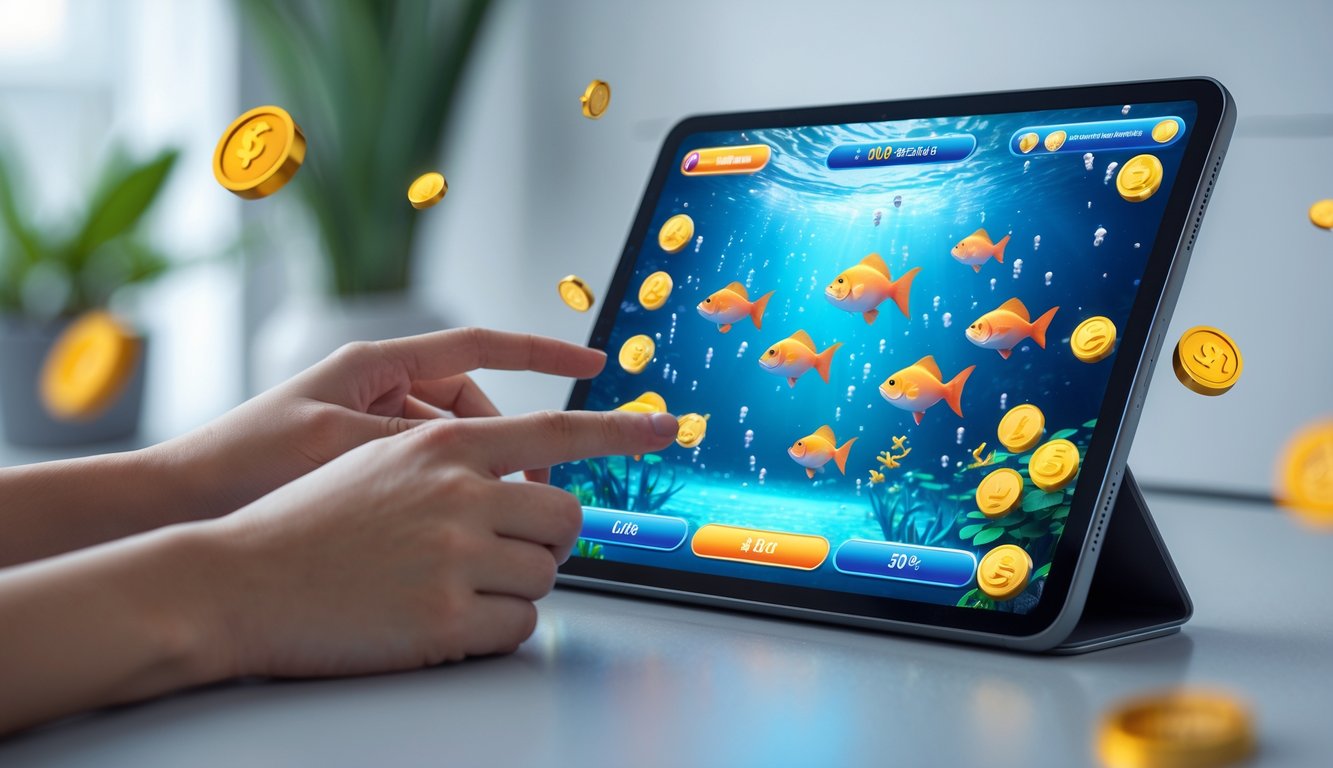 Seseorang sedang bermain game tembak ikan di perangkat digital dengan grafik bawah laut yang berwarna-warni dan elemen bonus di sekitar layar.