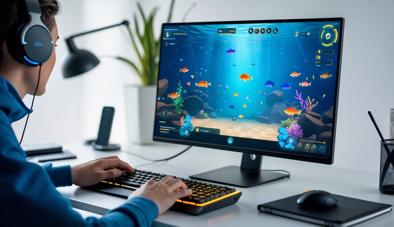 Seorang pemain sedang menggunakan komputer dengan tampilan permainan menembak ikan yang penuh warna di layar, di ruang kerja yang rapi dan terang.