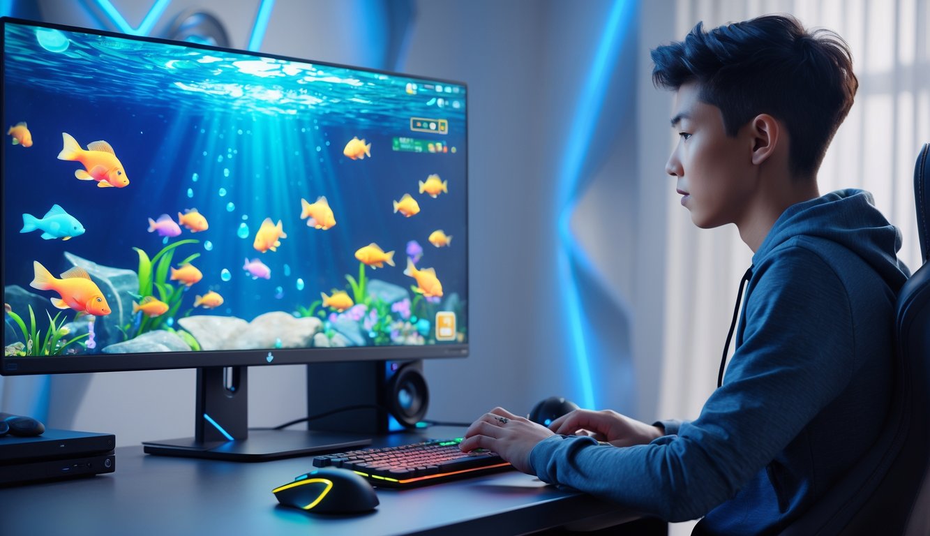 Seorang dewasa muda sedang bermain game menembak ikan online di komputer dengan layar menampilkan grafik ikan berwarna-warni di bawah air.