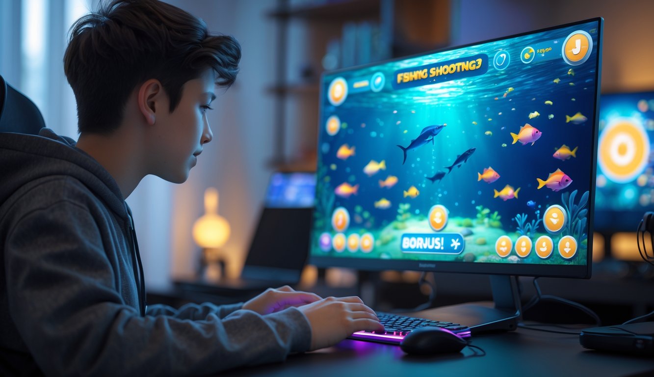 Seorang pemain muda sedang bermain game tembak ikan online di komputer dengan latar belakang ruangan yang nyaman.