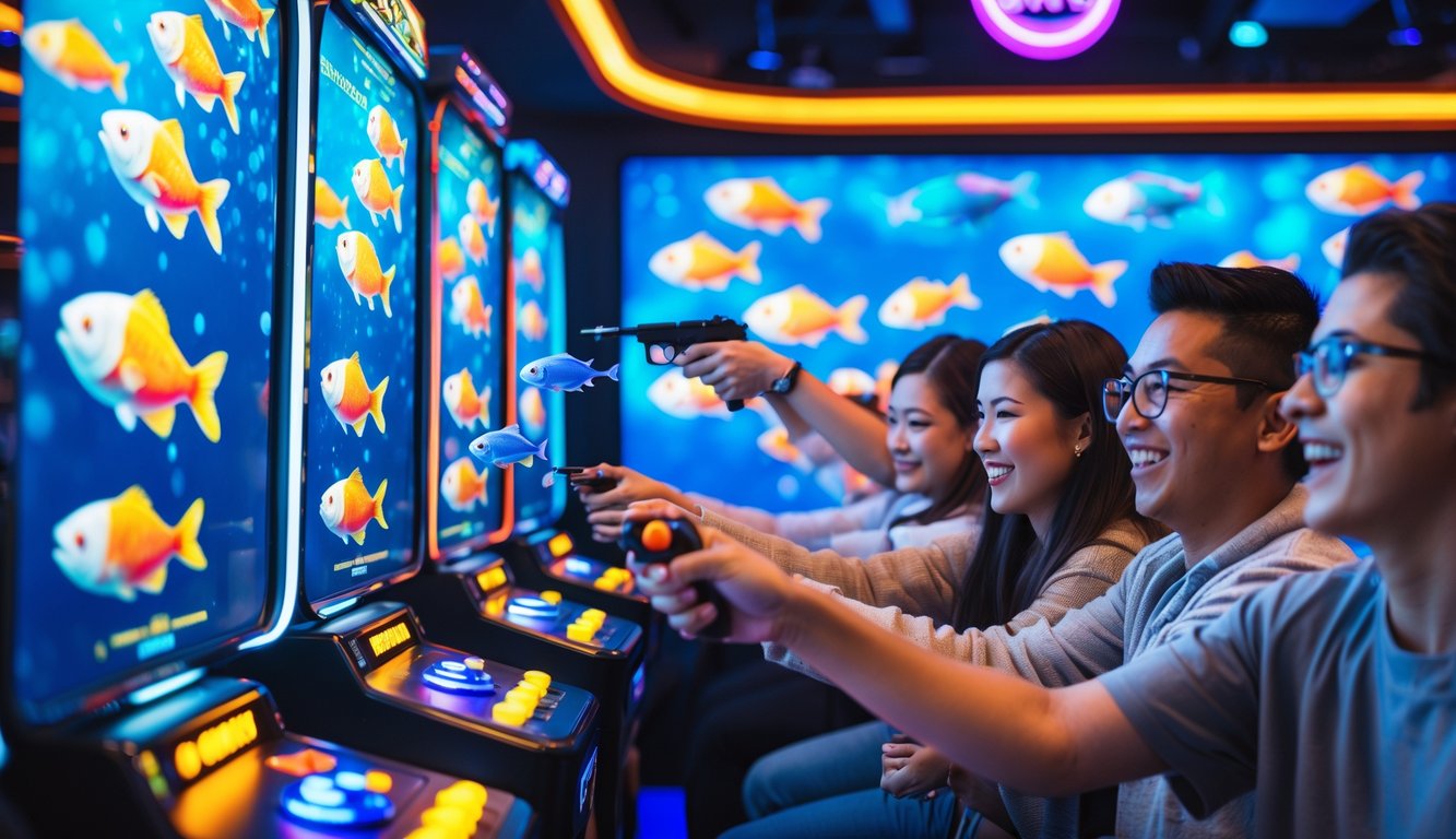Beberapa orang sedang bermain permainan tembak ikan di arcade dengan layar warna-warni dan suasana yang ramai.