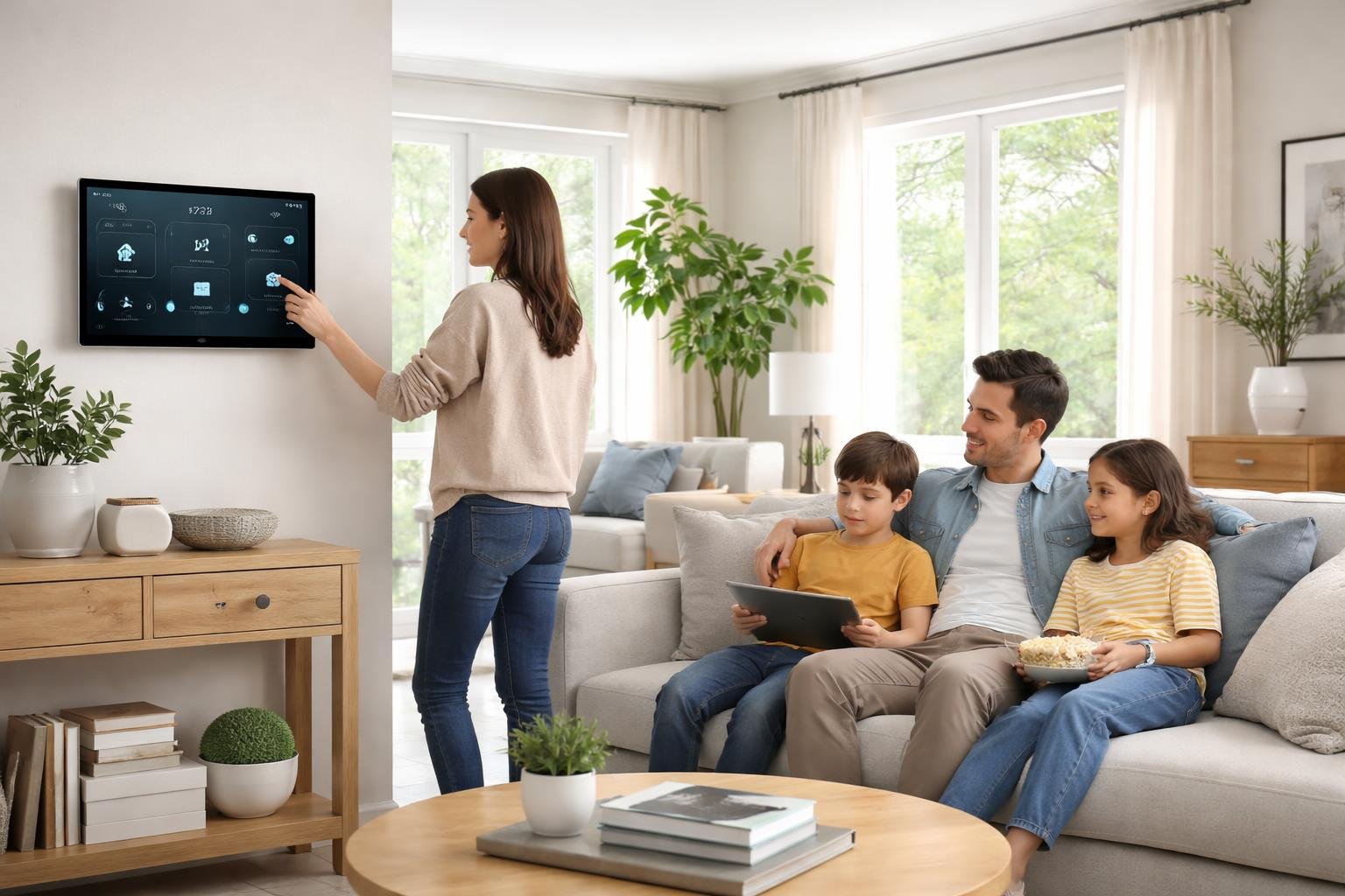 A family in a modern living room using a wall-mounted smart home control panel, with natural light and tidy surroundings.