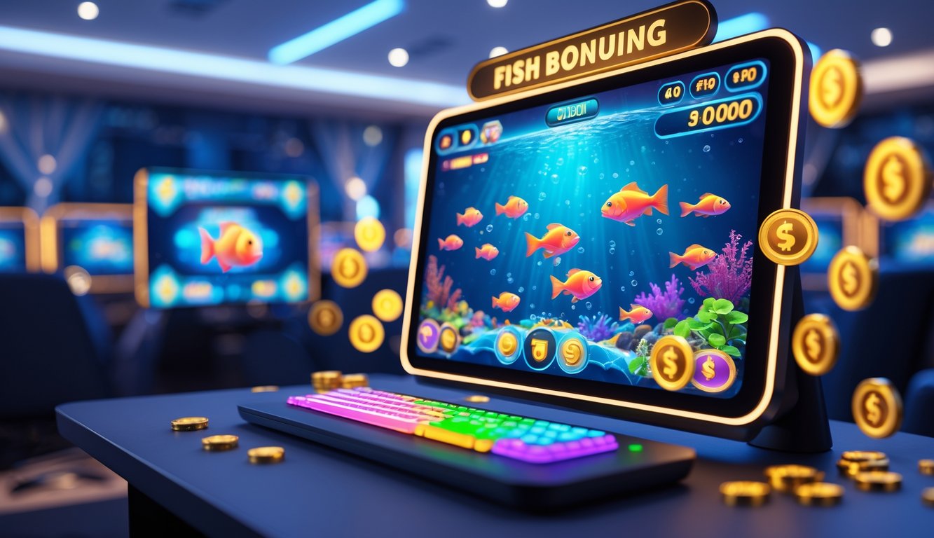 Sebuah layar komputer menampilkan permainan judi tembak ikan dengan karakter ikan berwarna-warni dan ikon bonus di sekitarnya.