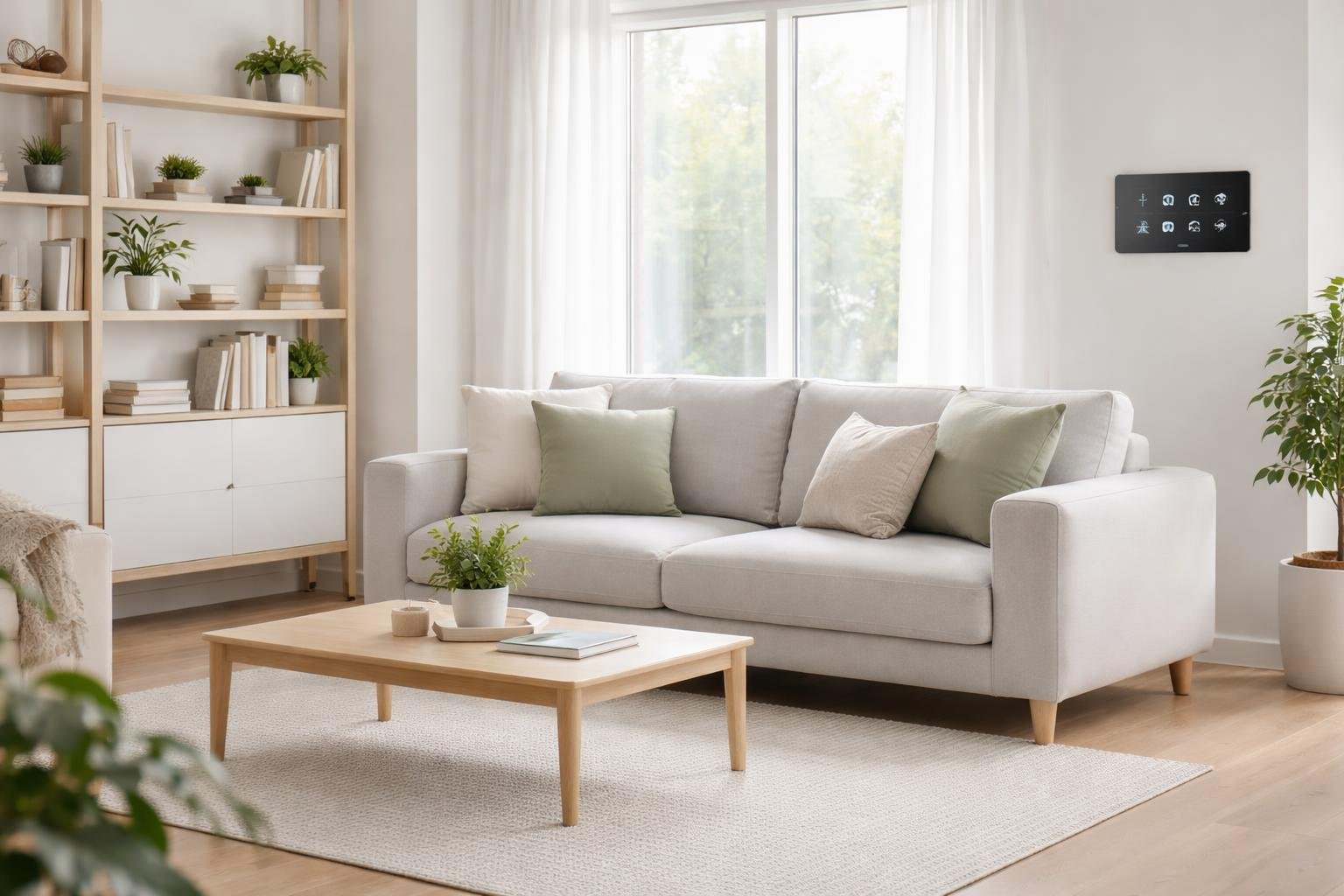 A tidy and well-lit living room with a sofa, coffee table, shelves, and a smart home control panel on the wall.