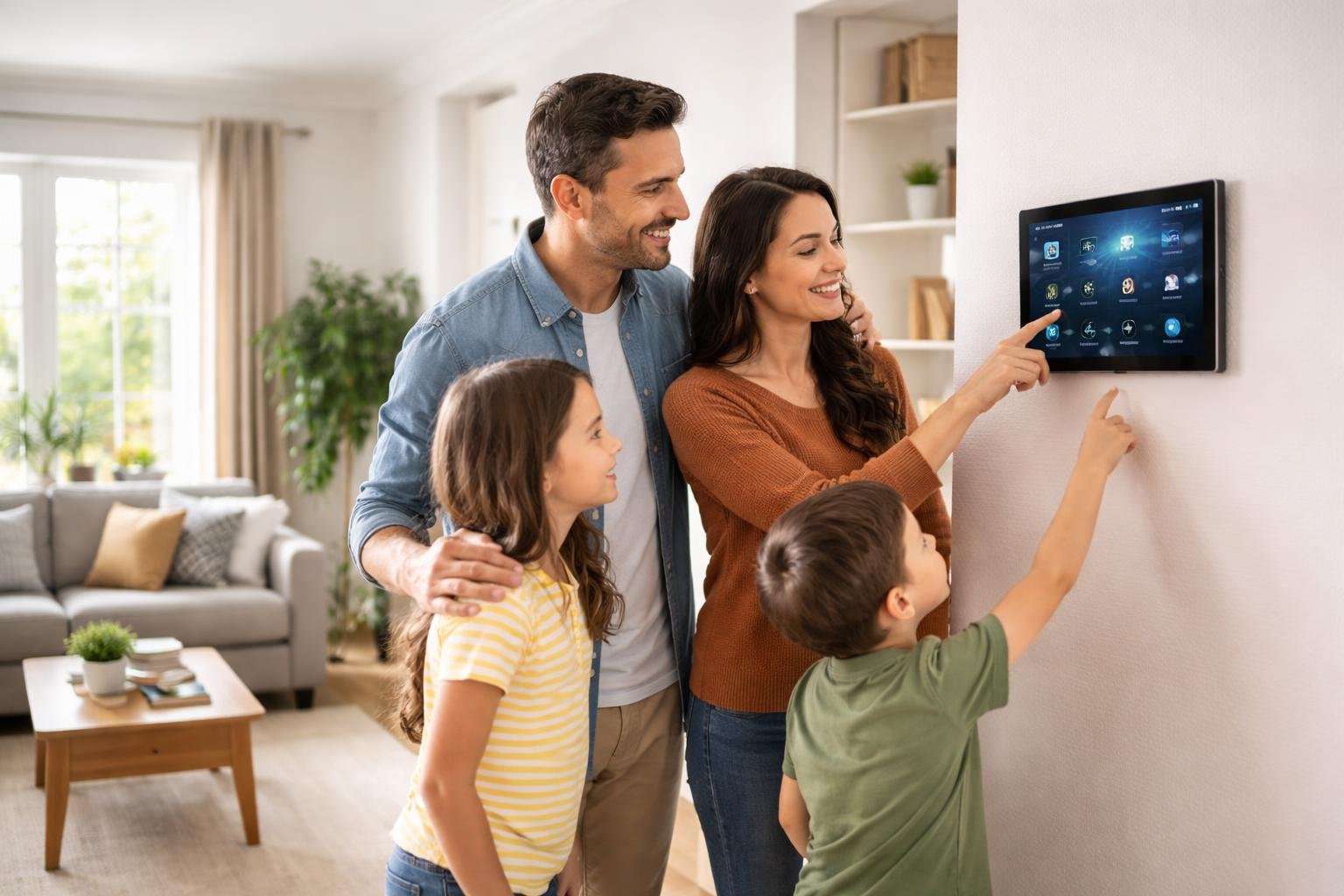 A family using a smart home control panel in a bright, organized living room.