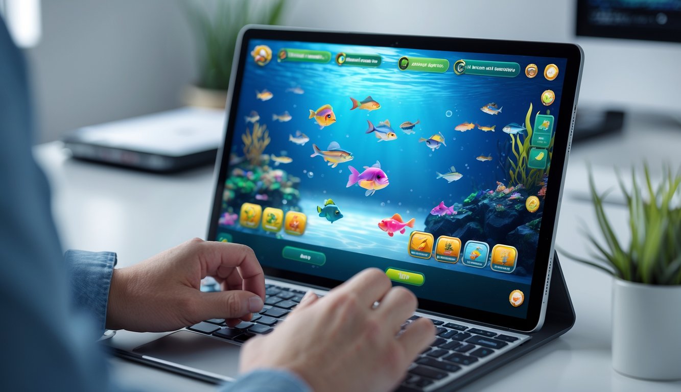 Seseorang menggunakan perangkat digital untuk bermain game memancing online dengan latar belakang meja kerja yang rapi.