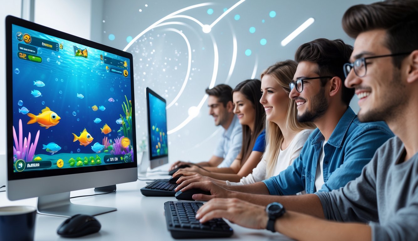 Beberapa orang muda sedang bermain game tembak ikan online di depan komputer di ruangan modern.