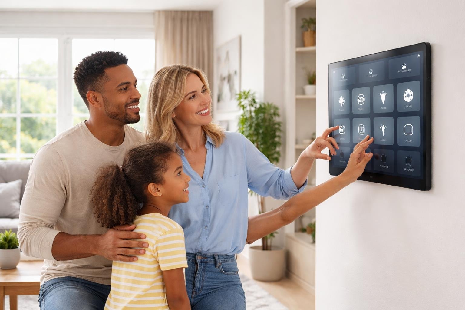 A family using a smart home control panel in a bright, organized living room.