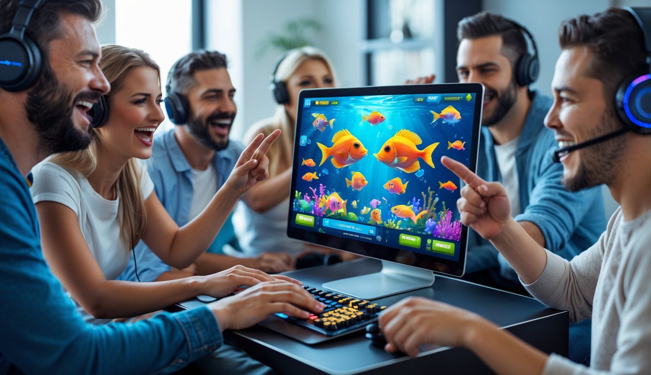 Beberapa pemain dewasa sedang bermain permainan tembak ikan di komputer dengan grafis ikan berwarna-warni di layar dalam ruangan nyaman.