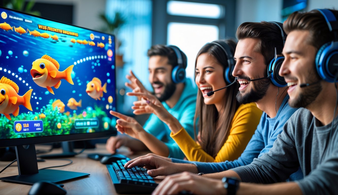 Beberapa orang bermain game judi tembak ikan di komputer dengan ekspresi antusias di sebuah ruangan modern.