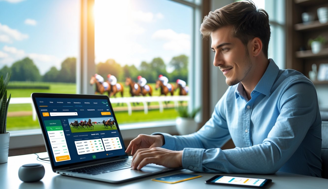 Seorang pria muda duduk di meja dengan laptop, menggunakan platform taruhan balap kuda online di ruang kerja yang terang dan rapi dengan pemandangan balapan kuda di latar belakang.