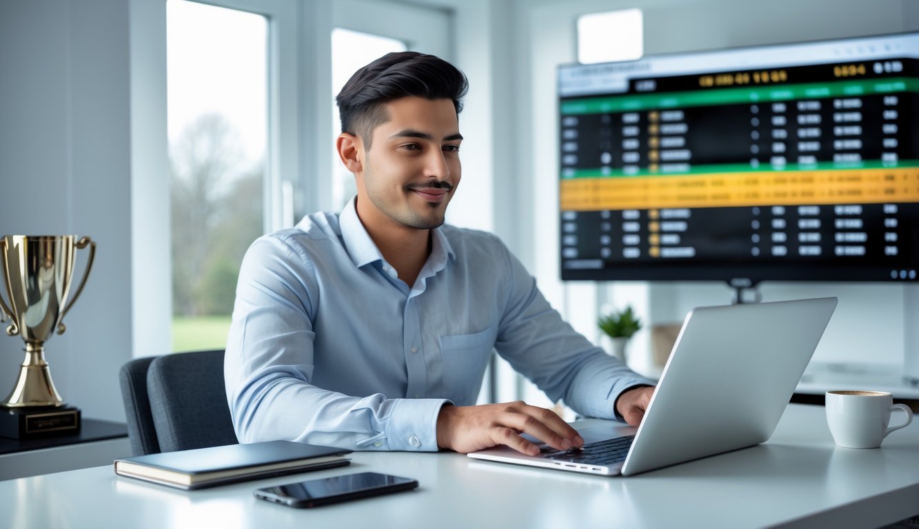 Seorang pria muda duduk di meja dengan laptop, menggunakan aplikasi balap kuda online di ruang kerja yang terang dan rapi.