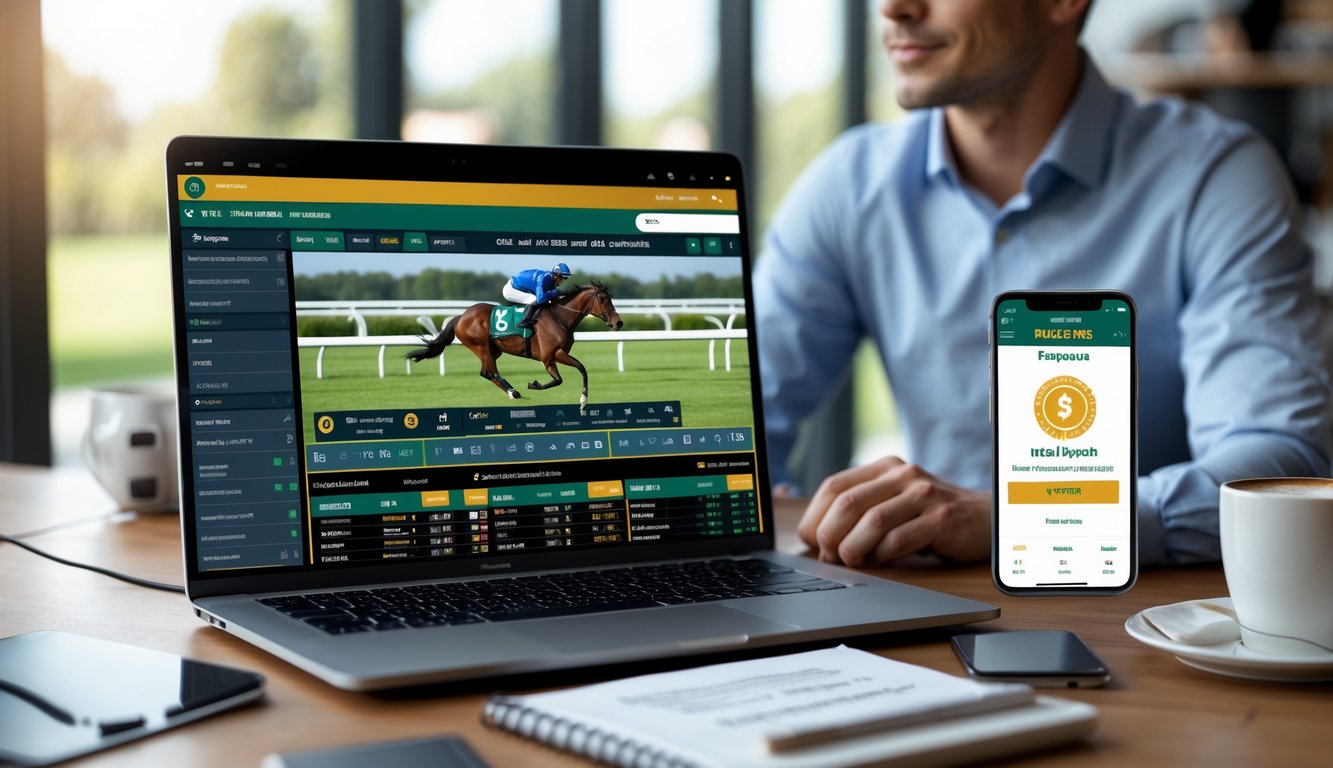 Seorang pria fokus menggunakan laptop dan ponsel untuk memasang taruhan balap kuda online dengan layar menampilkan antarmuka taruhan dan konfirmasi deposit instan.