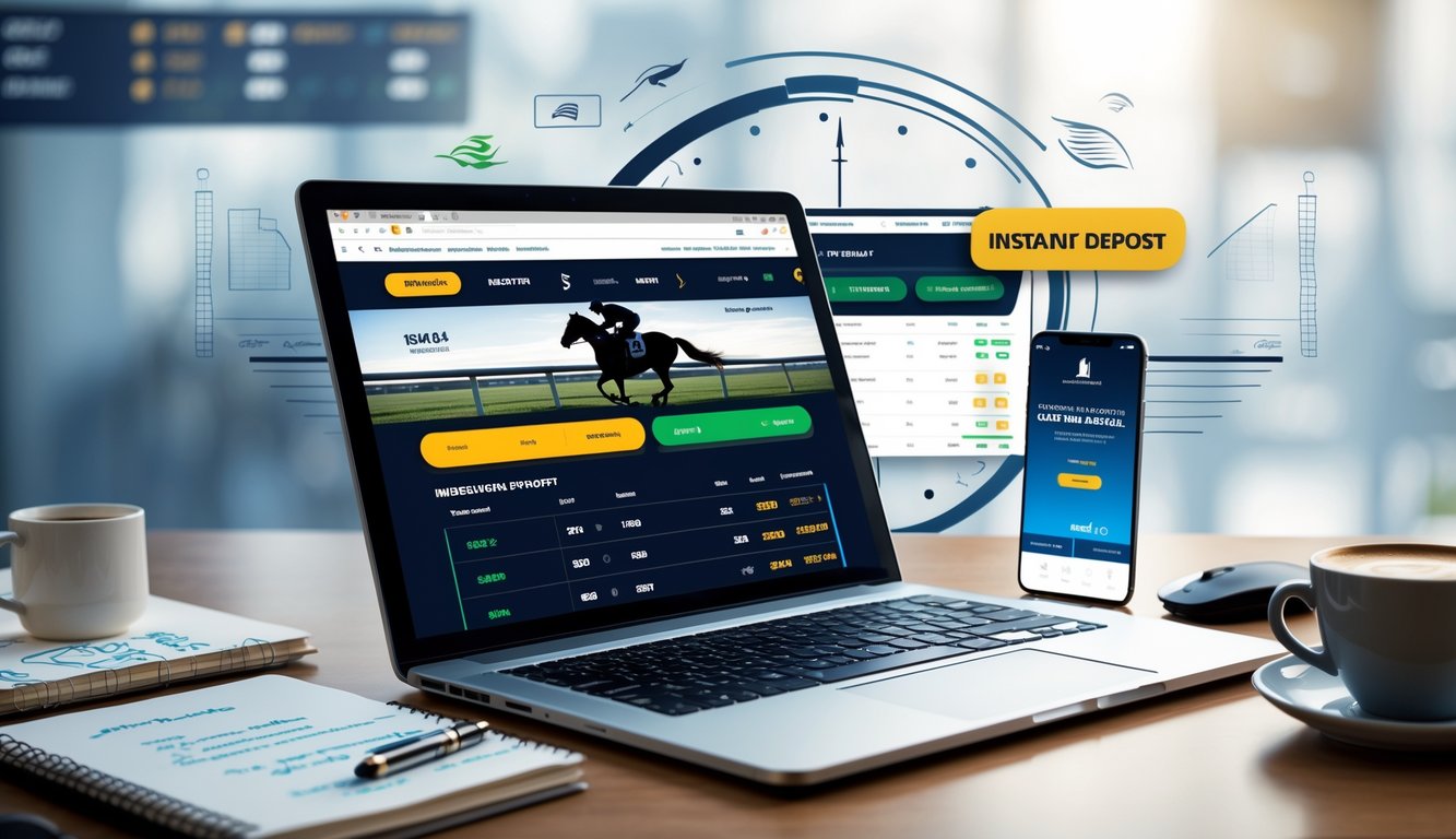 Seorang profesional menggunakan laptop di meja kerja dengan layar yang menampilkan platform balap kuda online dan elemen pendukung seperti catatan strategi dan ponsel dengan notifikasi transaksi.