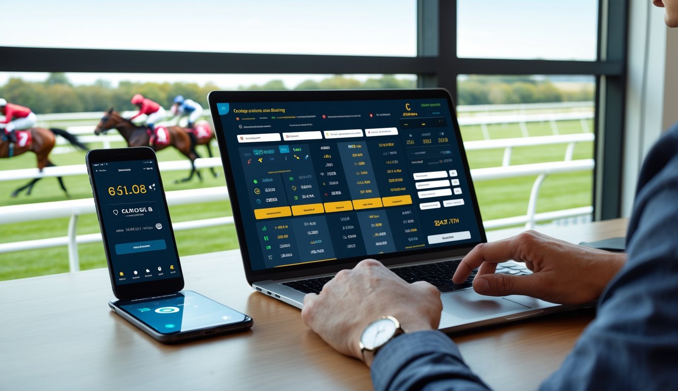 Seorang pengguna sedang menggunakan laptop dan ponsel untuk memasang taruhan balap kuda online dengan latar belakang lintasan balap dan kuda yang sedang berlari.