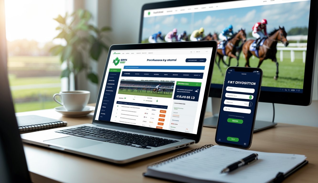 Seorang pengguna bekerja di depan laptop dan ponsel dengan tampilan situs balap kuda online dan konfirmasi deposit cepat, dengan latar belakang layar menampilkan balapan kuda.